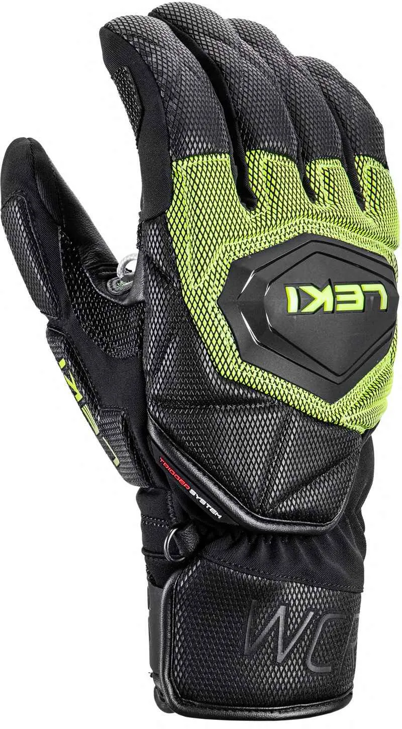 Close-up of the Leki WCR Coach 3D Mitt, black and ice-lemon colored, palm facing up.