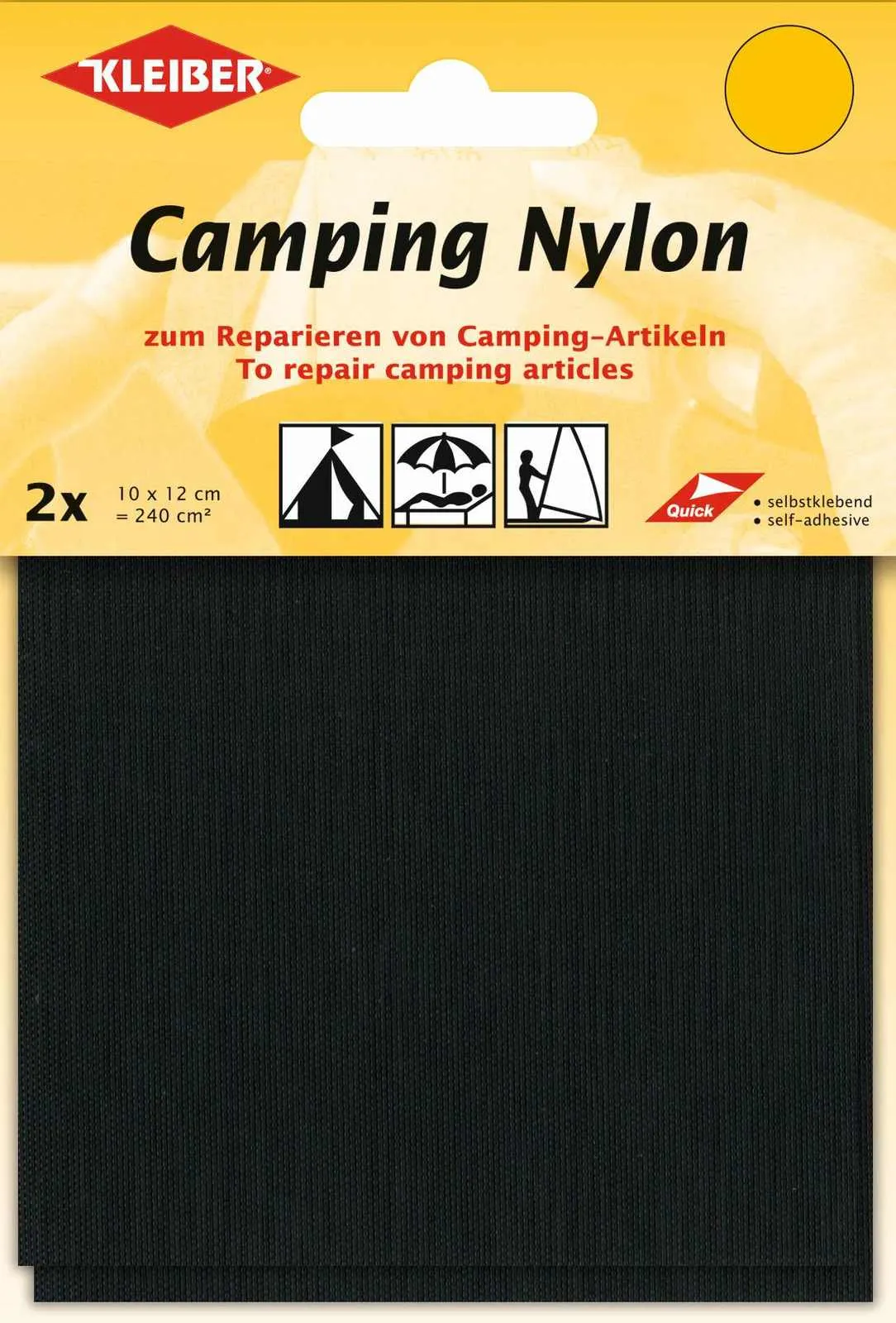 Packaging of black, self-adhesive camping nylon patches for repairing camping items.