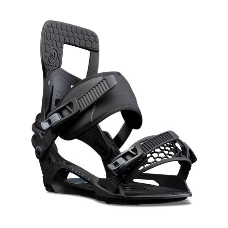 Black Nidecker Muon-X snowboard binding in detail, diagonal view.