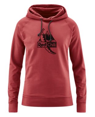 Roter TECU 18 masai Hoodie mit Kordel und Print einer Chili und Bergmotiv.