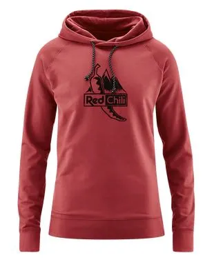 Red TECU 18 masai hoodie with drawstring and print of a chili and mountain motif.