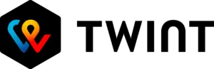 Logo von "TWINT" mit buntem Symbol in schwarzem Sechseck. Text schwarz, Symbol blau, gelb, rot.