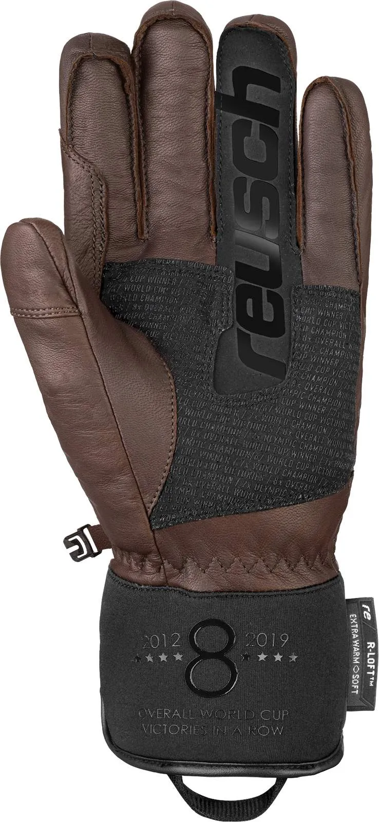 Primo piano del guanto da sci Reusch Marcel Hirscher Signature in pelle marrone scuro, lato palmo, dettagli visibili.