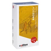 Cartoncino bianco con campo giallo; scritta "RACEBOX" e sagoma di corridore. Il marchio "colitex" in basso. Punto rosso con bandiera svizzera.
