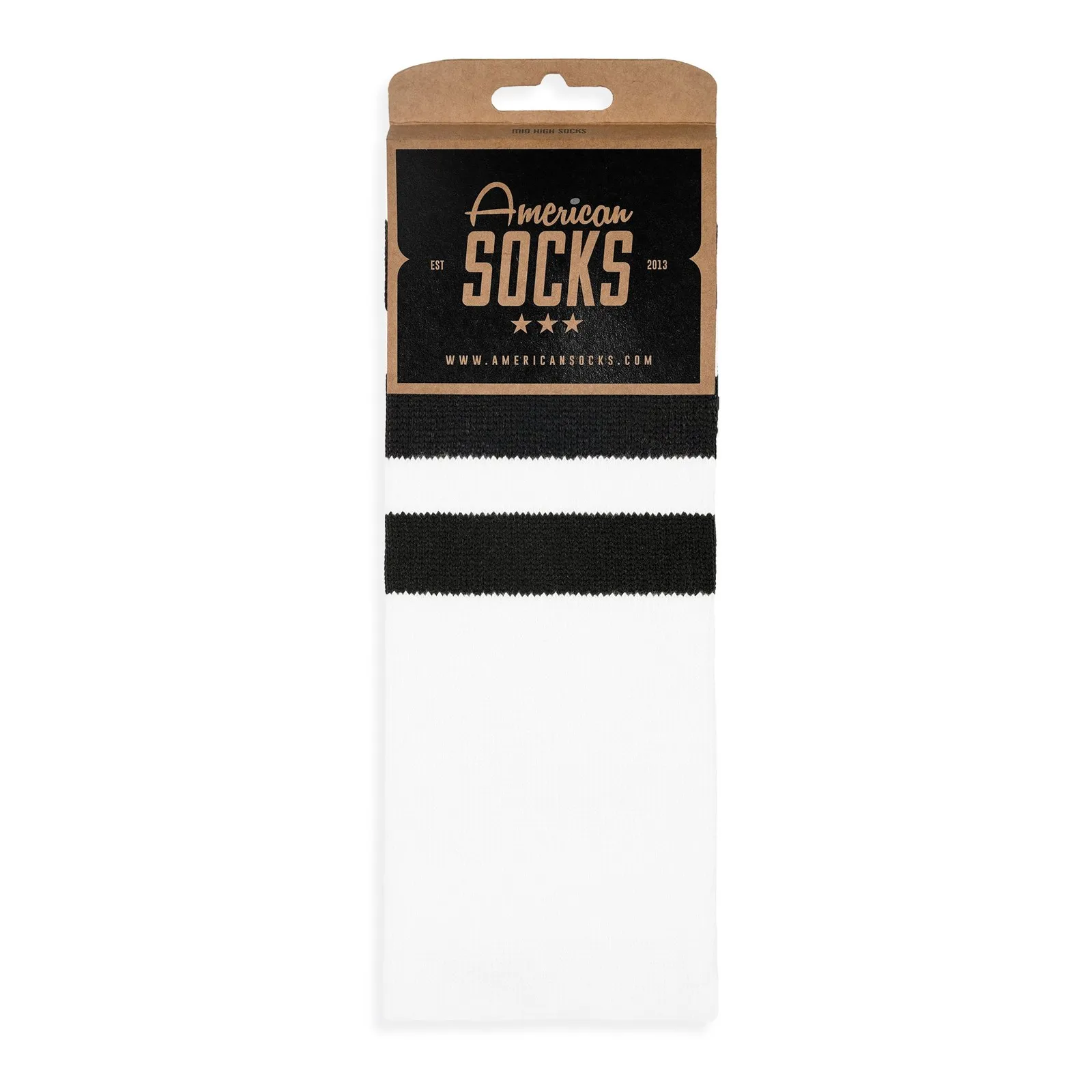Packaged, white, vegan `Old School II - Mid High` socks with two black stripes and "American Socks" logo.
