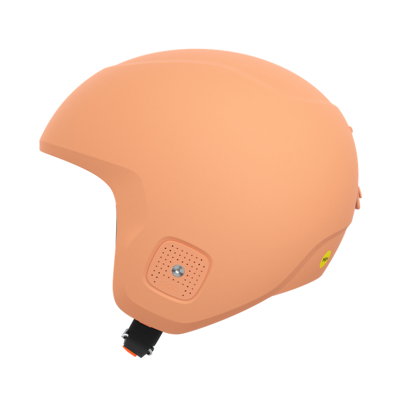 Pfirsichfarbener Skihelm Pfirsichfarbener Skihelm in Schalenbauweise mit Belüftungsöffnungen und Kinnriemen.