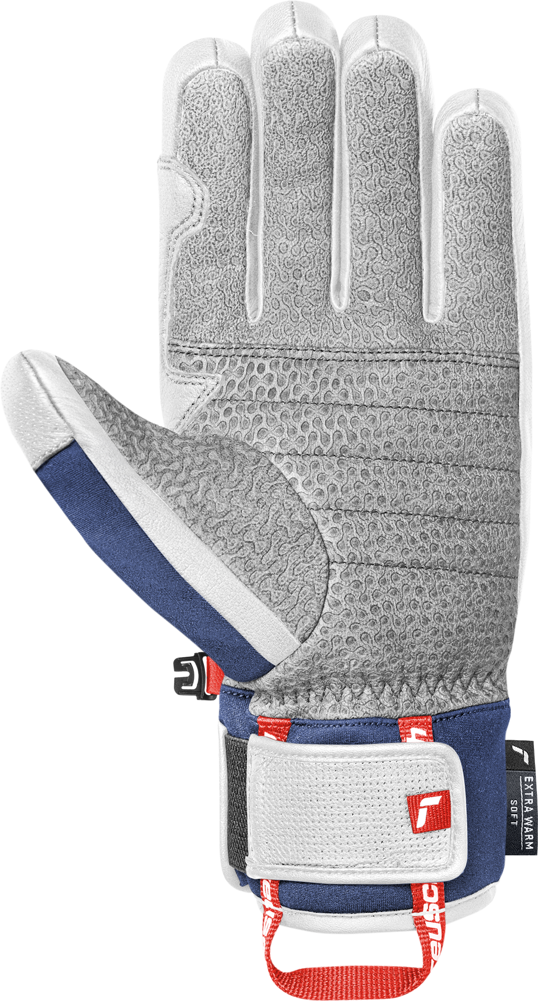 Gant de ski blanc avec paume et bouts des doigts gris, accents bleus et blancs au poignet.
