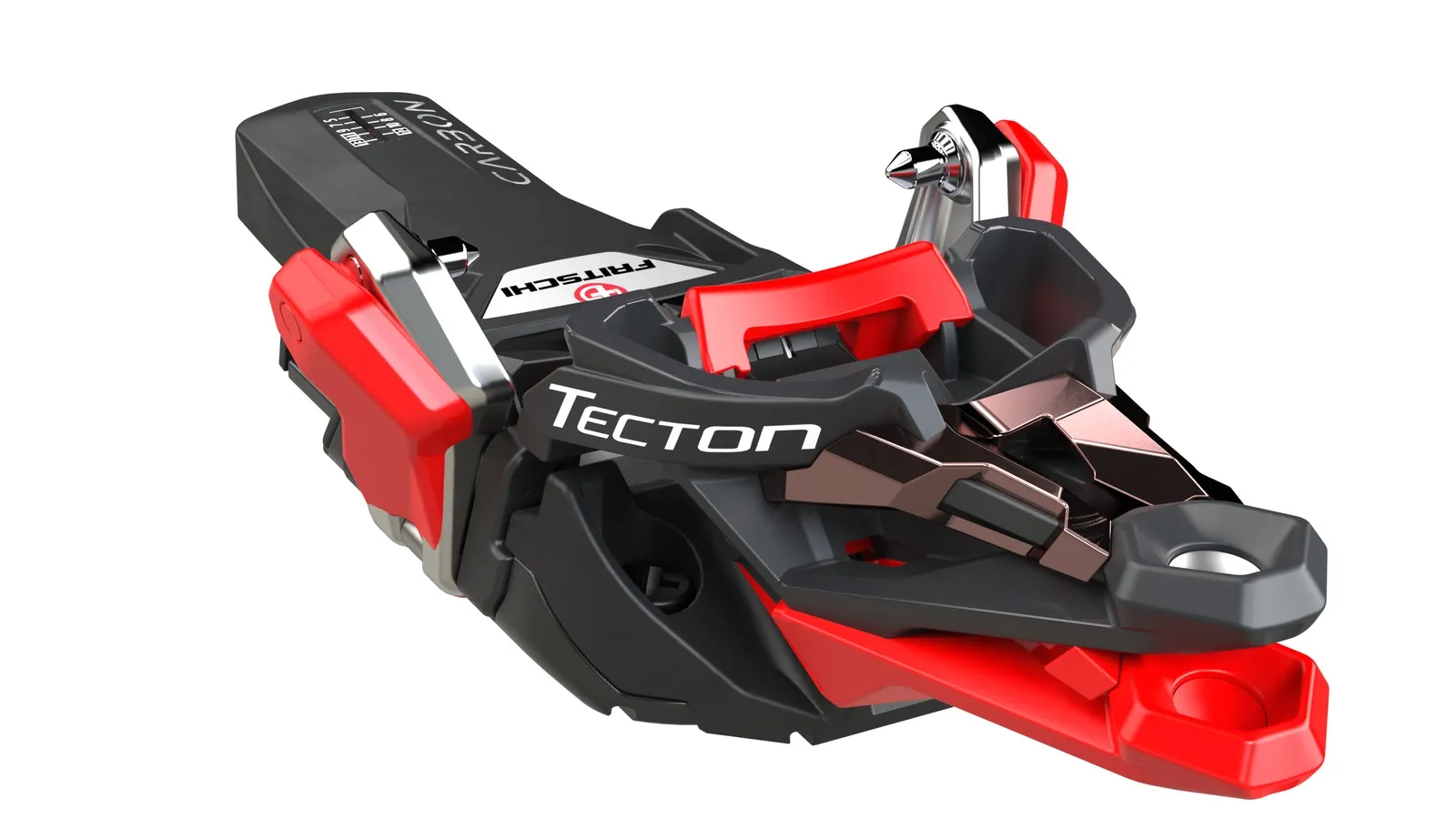 Close-up of the Fritschi Tecton 13 ski binding in red, black and silver against a white background.