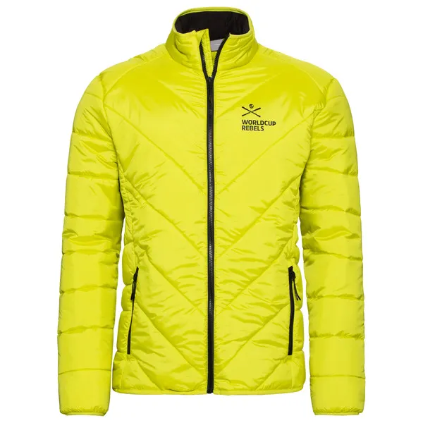 Gelbe Herren Race Kinetic Jacke mit Reißverschluss und "Worldcup Rebels" Logo.