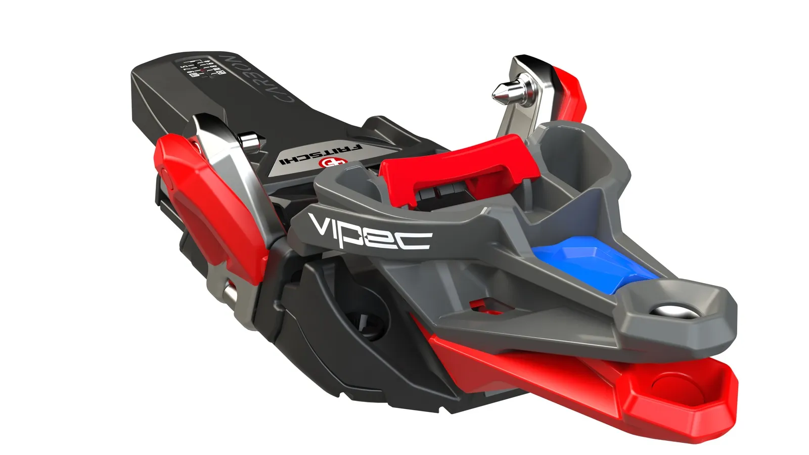 Nahaufnahme der Fritschi Vipec Evo 12 Pin-Bindung in Schwarz, Rot und Grau mit blauem Akzent.