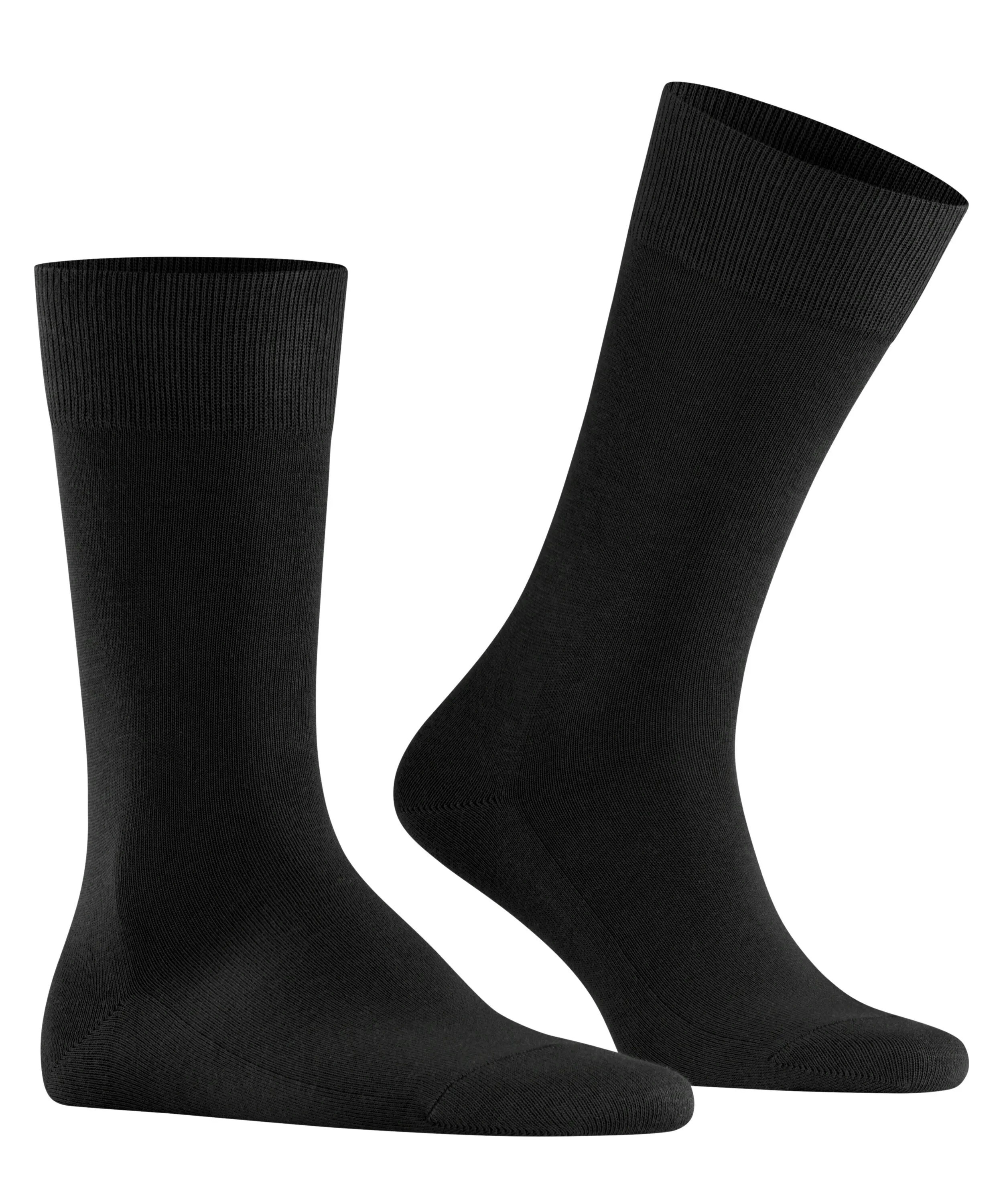 Deux chaussettes noires FALKE Family, l'une debout, l'autre couchée, sur fond blanc.