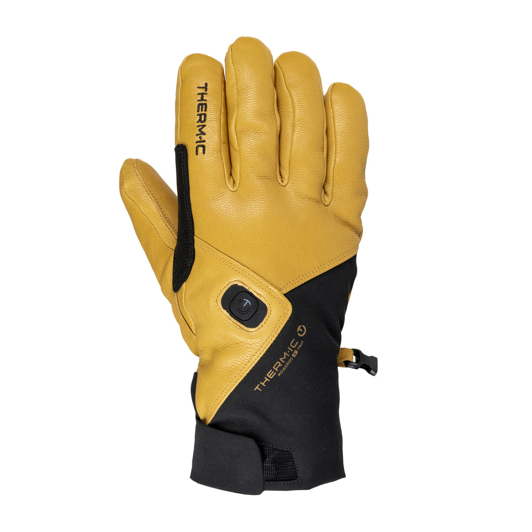Gant marron clair Therm-ic Freeride Ultra Heat avec partie en tissu noir, paume tournée vers l'avant.
