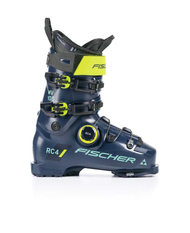 Dunkelblauer Fischer RC4 105 MV BOA Skischuh, seitliche Ansicht, BOA-Drehknopf, gelbe Akzente.