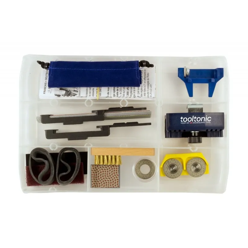 Tooltonic TBOX Plus: transparent box with tools for ski and snowboard care, including files, brushes and grinding tools.