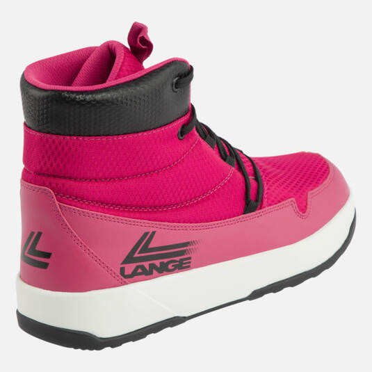 Rosa Retro Podium Schuh Pinkfarbener Retro Podium Schuh von Lange mit schwarzer Schnürung, weißer Sohle und Logo-Detail, von der Seite.