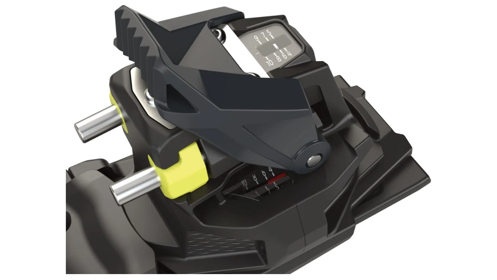Close-up of the black Fritschi Xenic Plus 12 ski touring binding with yellow accents. DIN value is adjustable.
