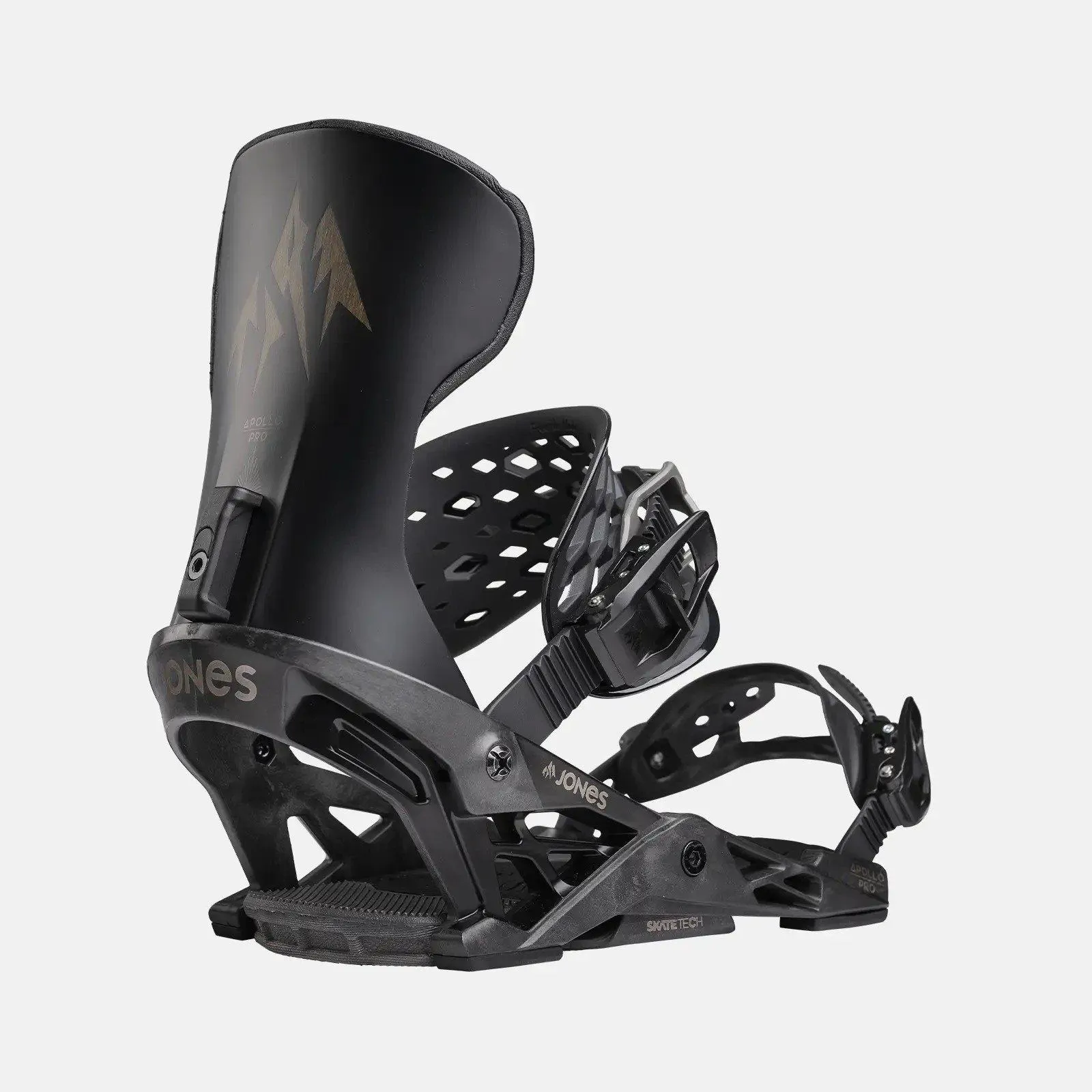 Black Jones Apollo Pro snowboard binding in detail, with high highback and SkateTech technology, side view.