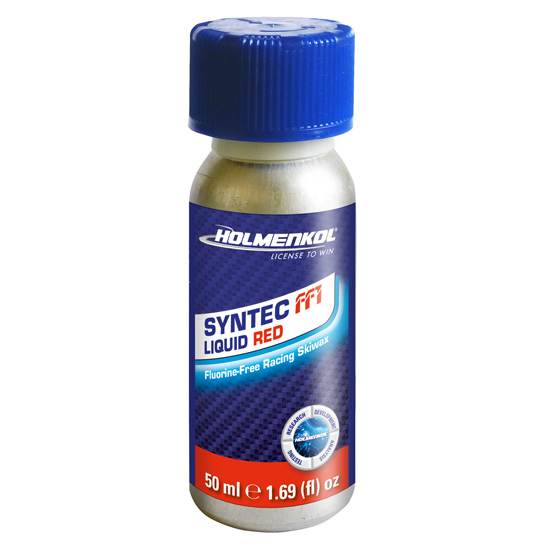 Eine silberne Flasche Holmenkol Syntec FF1 Liquid Red mit blauem Deckel.