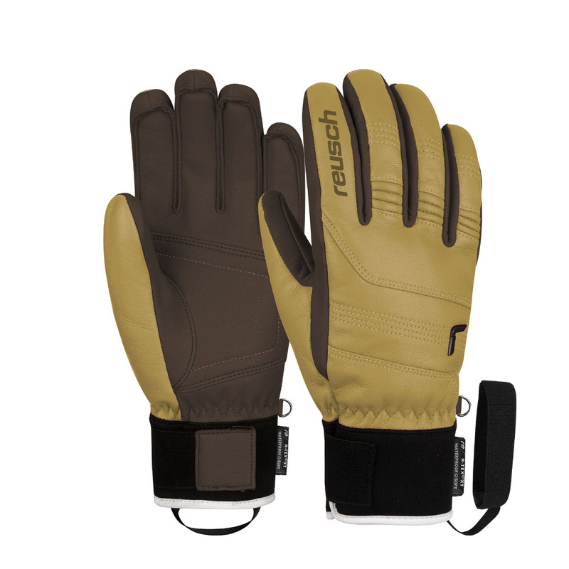Deux gants Reusch Highland R-Tex XT en Camel/Dark Brown. Gants en cuir avec fermeture velcro.