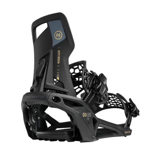 Fixation de snowboard noire de la marque Nidecker avec un design futuriste et une structure en honeycomb.