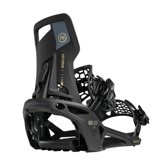 Schwarze Snowboardbindung der Marke Nidecker mit futuristischem Design und Honeycomb-Struktur.