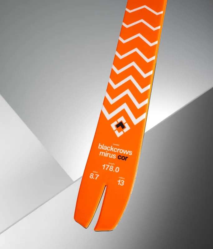 Orange ski with white zigzag pattern, model name "blackcrows mirus cor", length 178.0, waist 8.7 and radius 13.