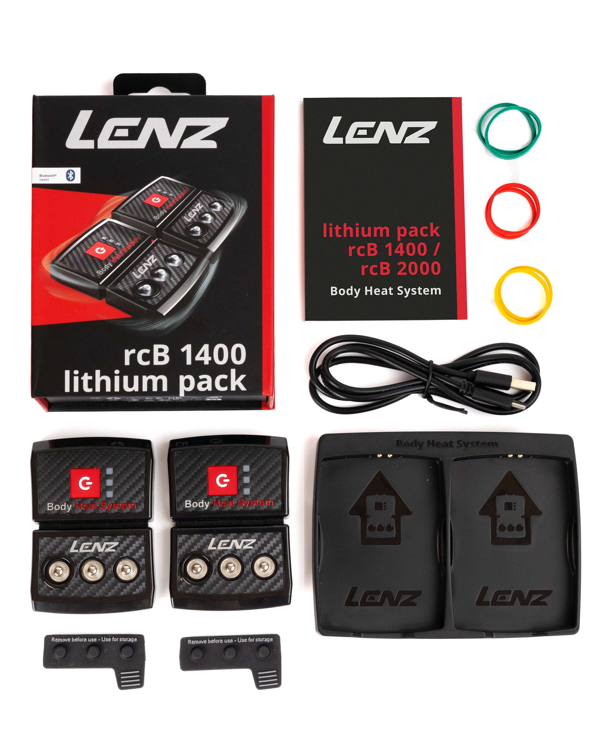 Lenz Body Heat Set Produktset von Lenz Body Heat System, bestehend aus Akkus, Ladegerät, Kabel und Zubehör, angeordnet auf weißem Hintergrund.