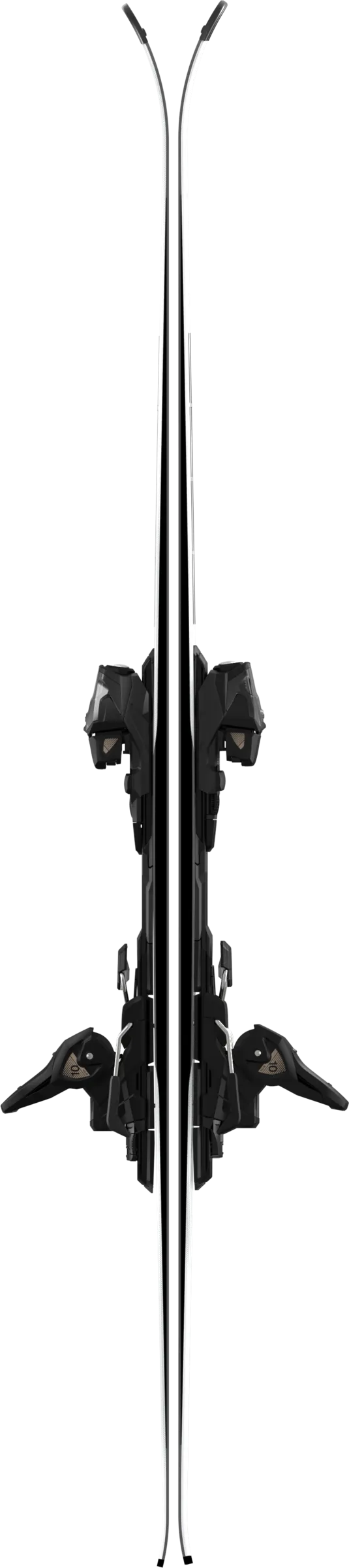 Skis stand upright in the middle with black bindings. The skis have a white outer surface and a black inner surface.