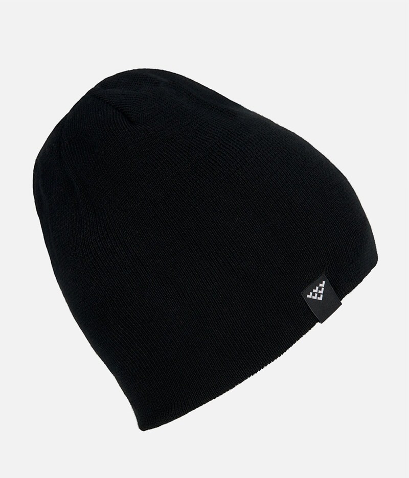 Black, knitted Black Crows beanie with a small, dark label on the edge.