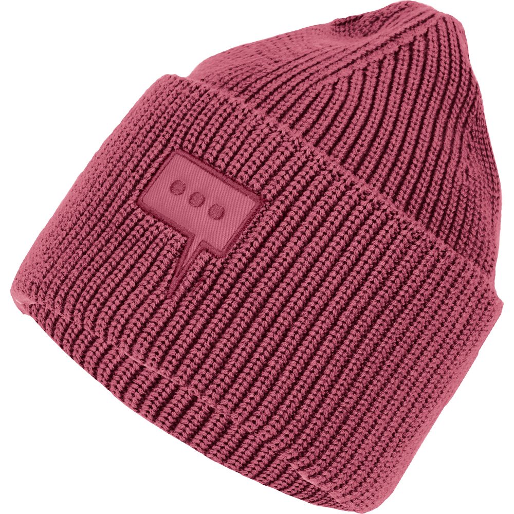 Rosafarbene Damen Mütze aus Merinowolle mit Rippstrick und gewebtem Label.