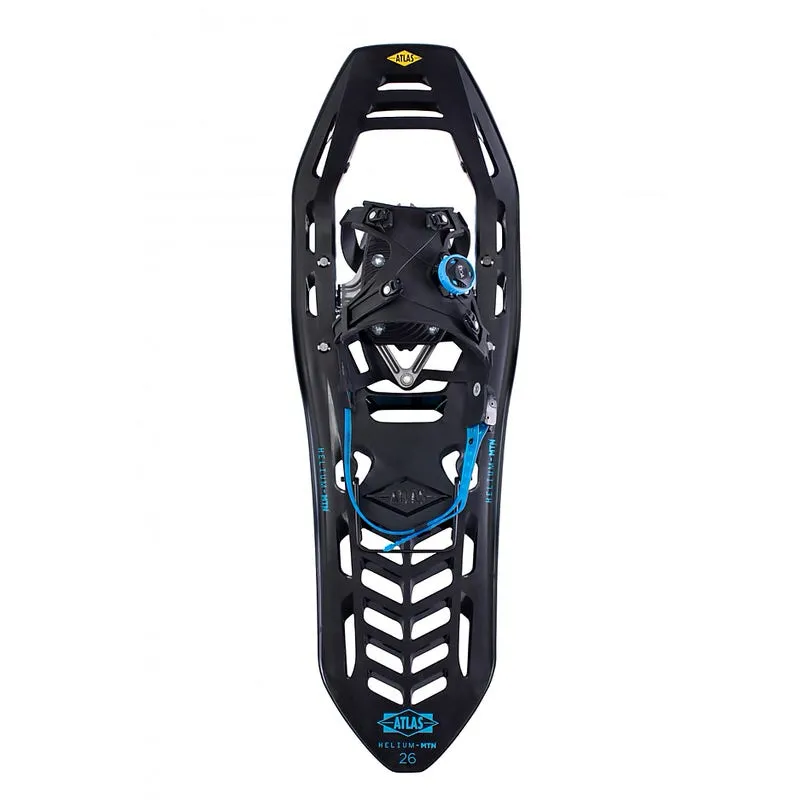 Schwarzer Atlas Helium MTN 26 Schneeschuh mit blauen Akzenten, zentraler Bindung und Zackenmuster.