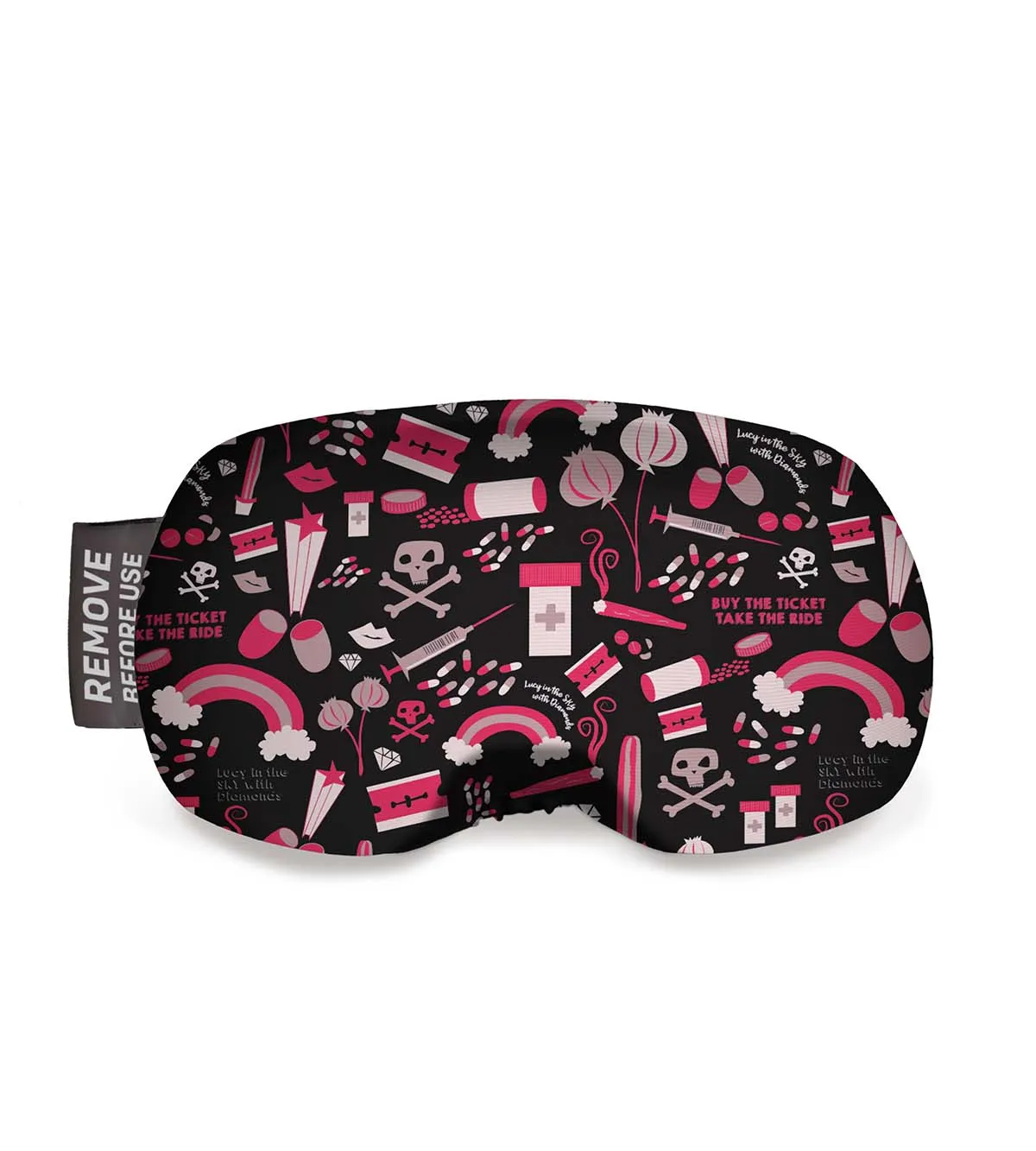 Protective ski goggle cover with pink pills, skulls, rainbows and sayings on a black background.