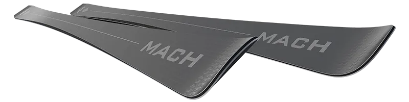 Two MACH BLACK cross skis, one on top of the other, gray surface with light gray lettering.
