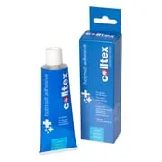 Tube Colltex Hotmelt Adhesive neben zugehöriger Verpackung. Blaue Verpackung und Tube mit weißer Schrift.