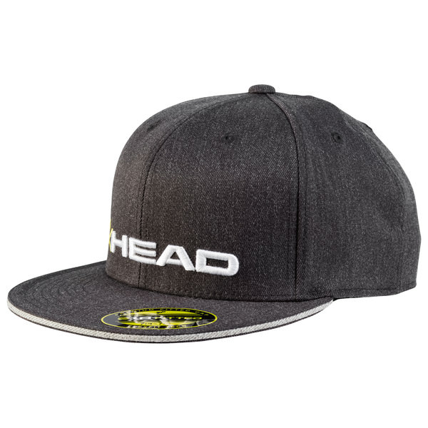 Graue Race Flat Cap mit flachem Schirm und weißem "HEAD"-Logo auf der Vorderseite.