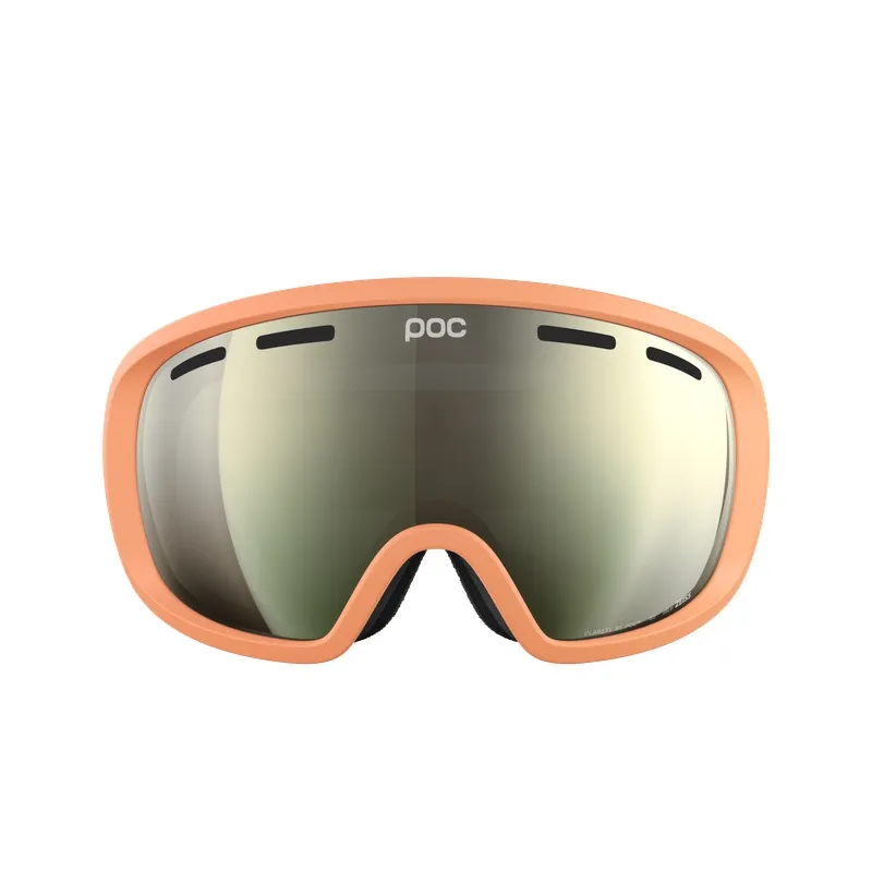 Peach-colored ski goggles with mirrored lenses and black lining, photographed from the front against a white background.