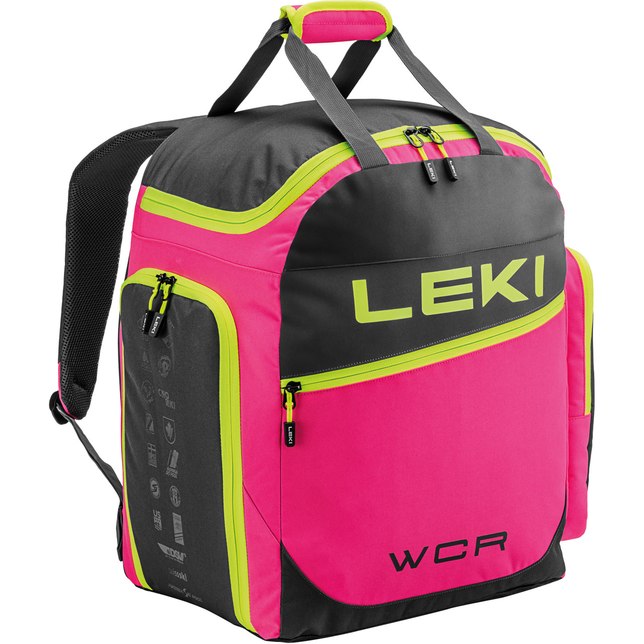 Pinkfarbene Leki Skischuhtasche WCR 60L mit Tragegriffen und Reißverschlüssen, Akzenten in Schwarz und Neongelb.
