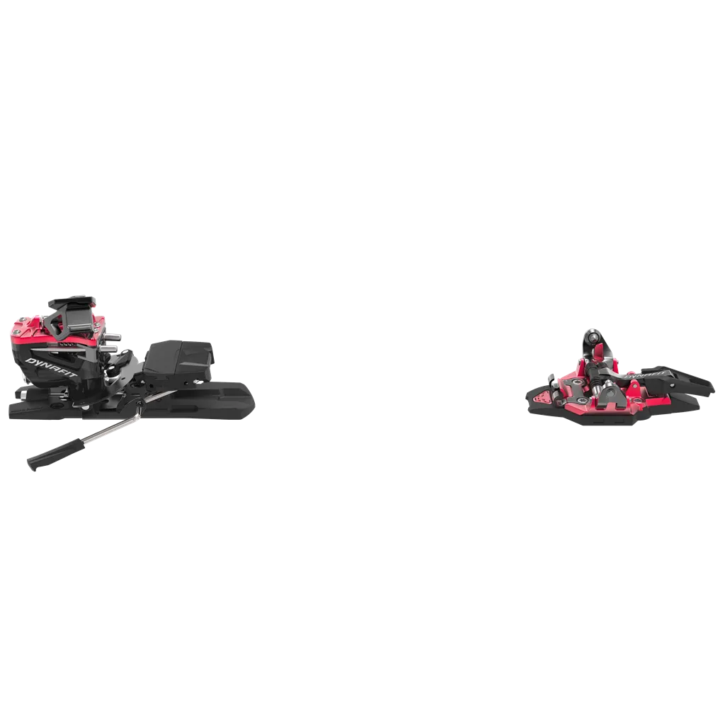 Fixation de ski de randonnée noire et rouge Dynafit Radical, composée d'une mâchoire avant et d'une mâchoire arrière.