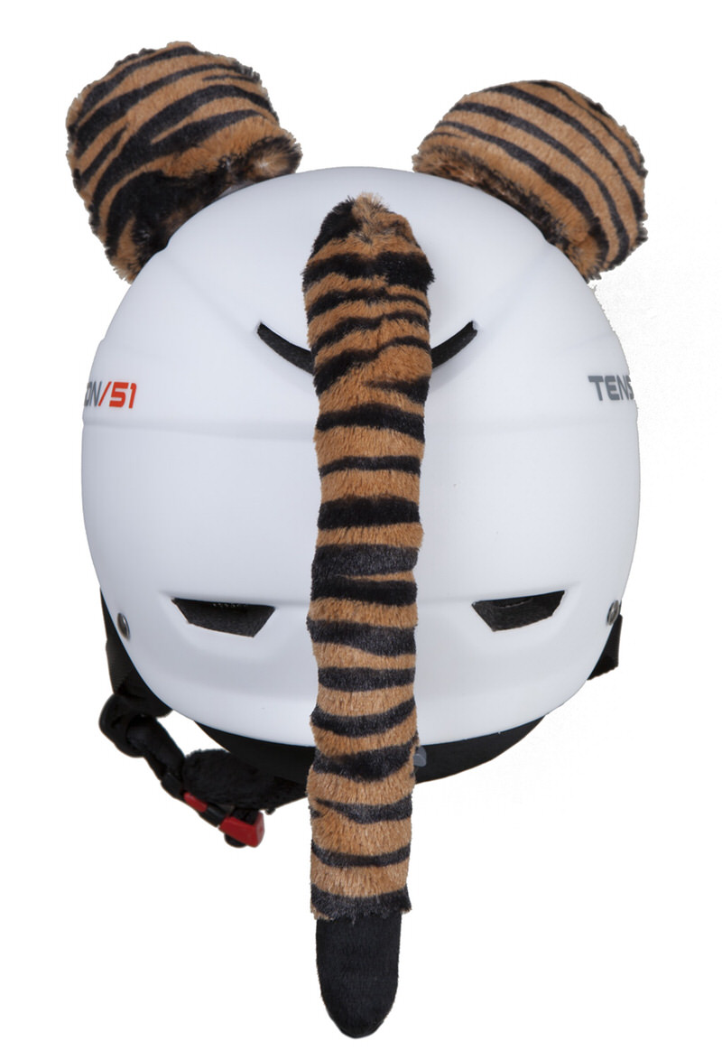Un casque blanc avec des oreilles de tigre fixées Hoxyheads et une queue de tigre. Les oreilles et la queue sont rayées marron et noir.