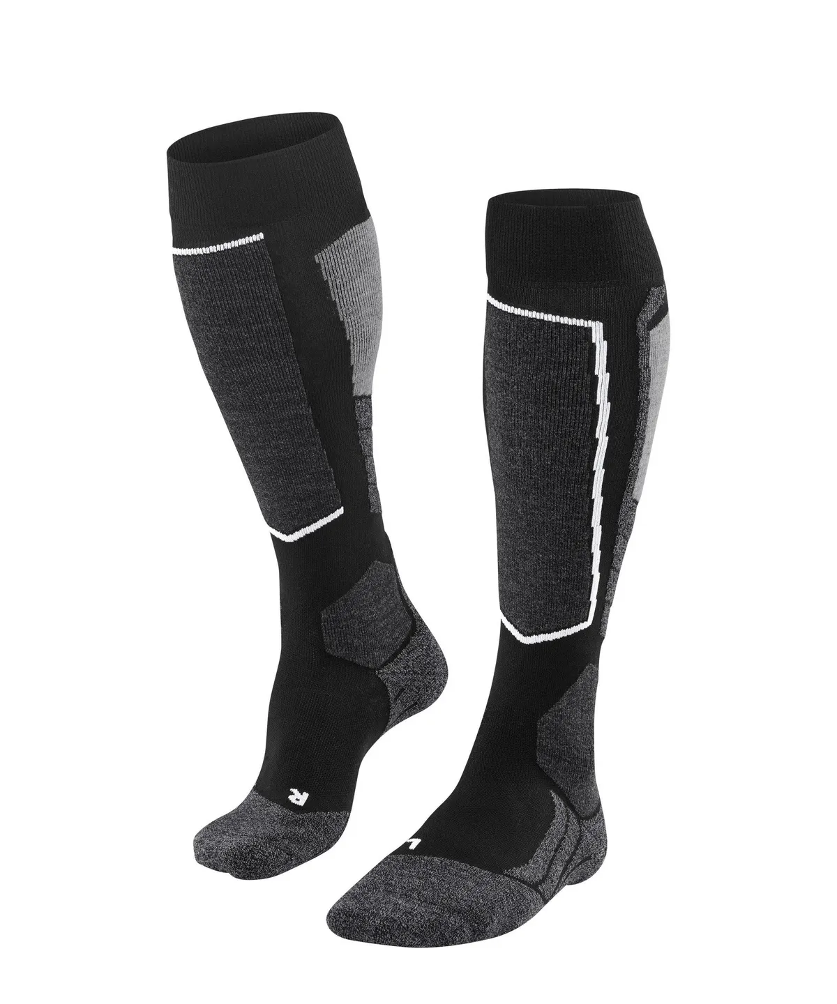 Black knee-high socks with dark and light gray reinforced zones, ideal for sports or skiing. With white accent lines on the calves, anatomically shaped. 'R' for right and 'L' for left mark the sides.