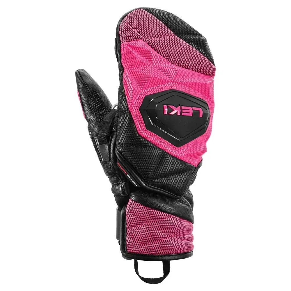Close-up of a Leki WCR Venom 3D Junior mitten in pink and black.
