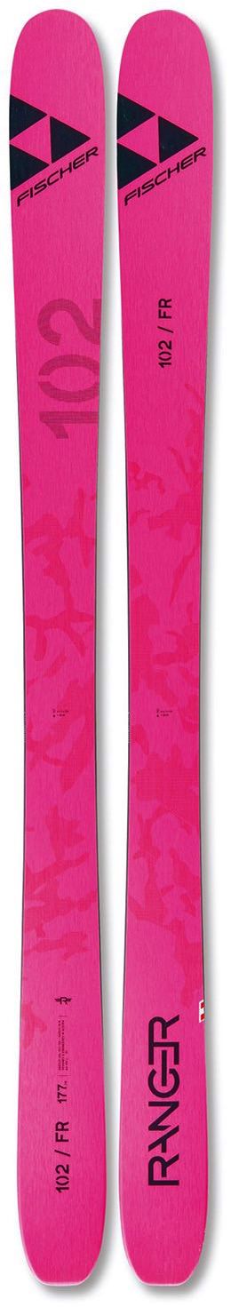Ein Paar pinke Ranger 102 Freeski Women von Fischer mit schwarzem Logo und Camouflage Muster.