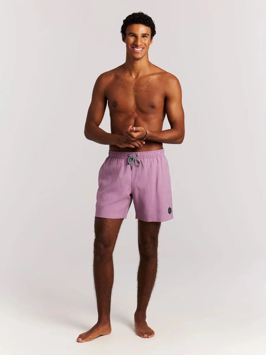A bare-chested man wears the Protest Daviey beach shorts Plum Mauve against a light background.