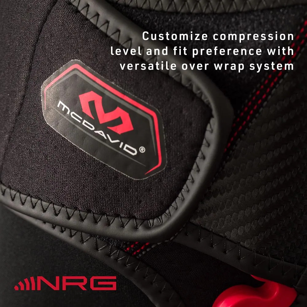 Detail of the McDavid NRG Knee Over Wrap 30590, over-wrap design with logo. Adjustable compression for support and comfort.