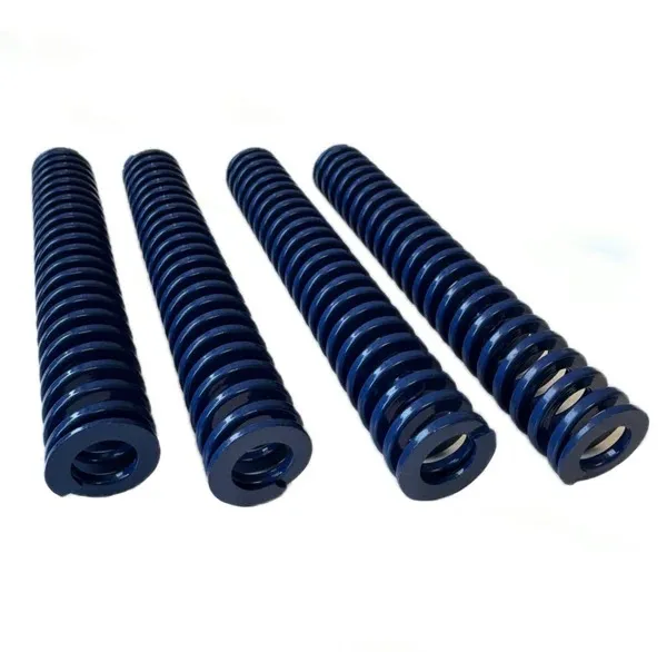 Four dark blue, cylindrical compression springs are displayed side by side on a white background. The sturdy metal springs have tightly coiled coils and flat ends, suggesting they are intended for use in machines or mechanical applications.