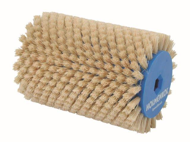 Nahaufnahme einer beigen, zylindrischen Speed Brush Fibre mit blauer Halterung, deren Borsten dicht an dicht stehen.