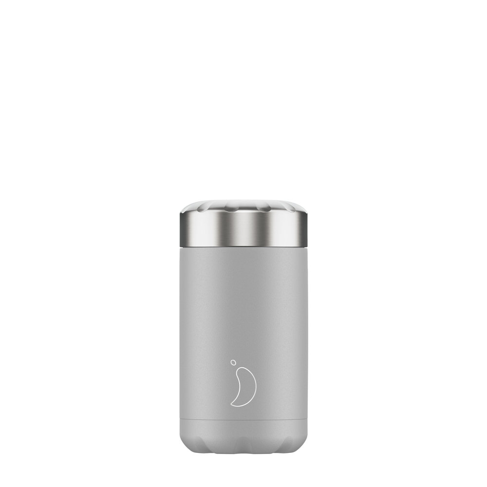 Grauer Chillys Food Pot, 500ml, mit silbernem Deckel. Das Logo ist unten auf dem Topf abgebildet.