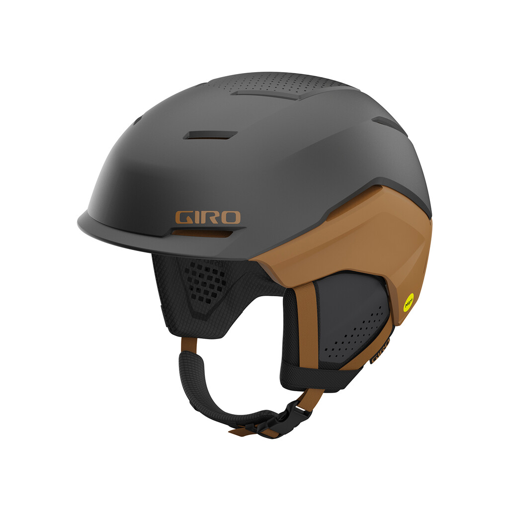 Giro Tenet MIPS Skihelm Giro Tenet MIPS Skihelm in Metallic Coal/Tan, Seitenansicht. Helm hat Belüftungslöcher und Ohrenschützer.