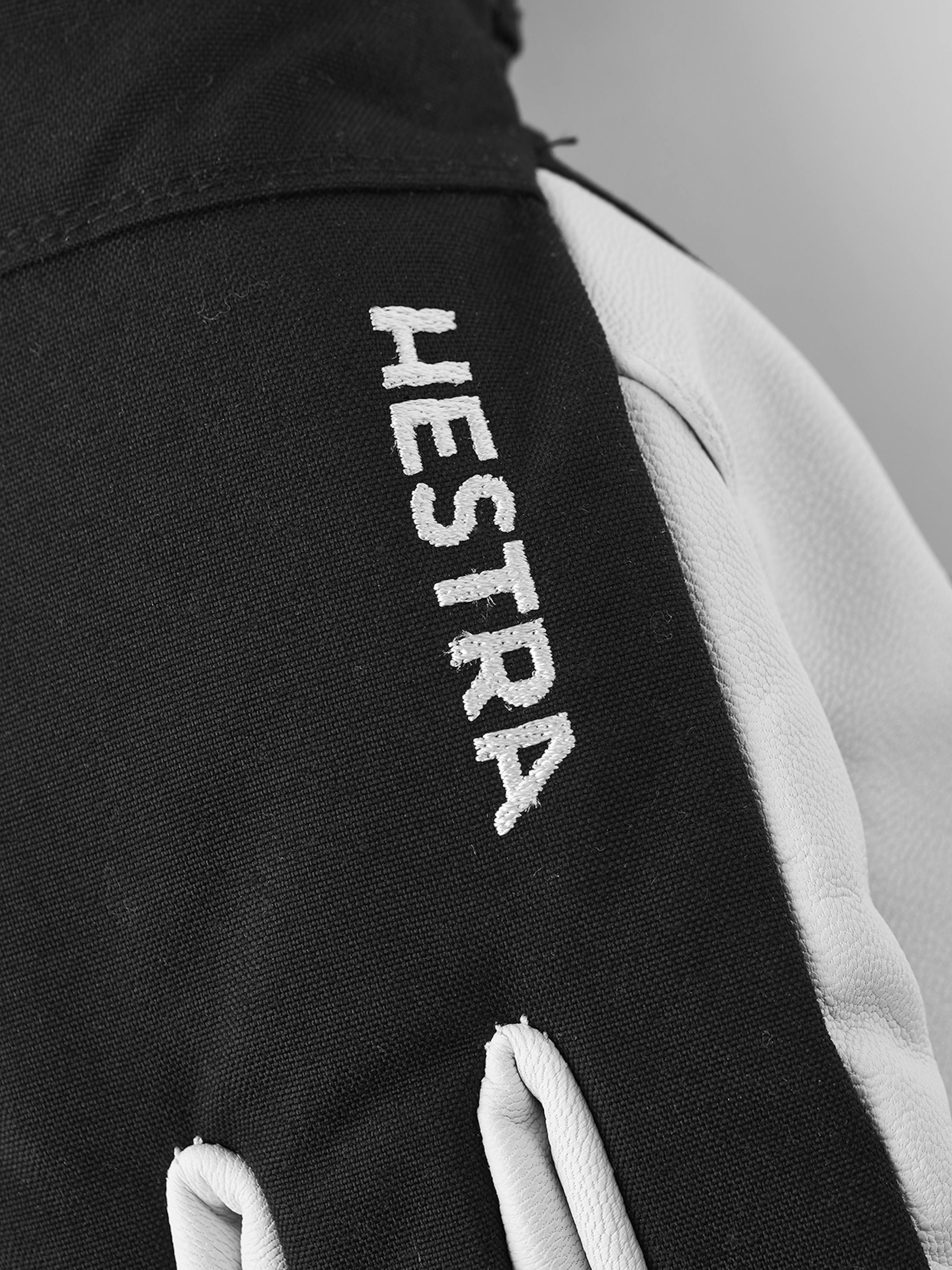 Detailansicht des Hestra Army Leather Heli Ski Mitt, Textil mit Hestra Schriftzug und Leder.