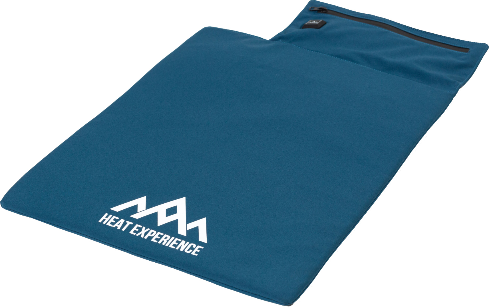 Beheiztes Sitzkissen Blau Blaues, rechteckiges, beheiztes Sitzkissen, unten links mit weißem "HEAT EXPERIENCE" Logo. Reißverschluss oben.